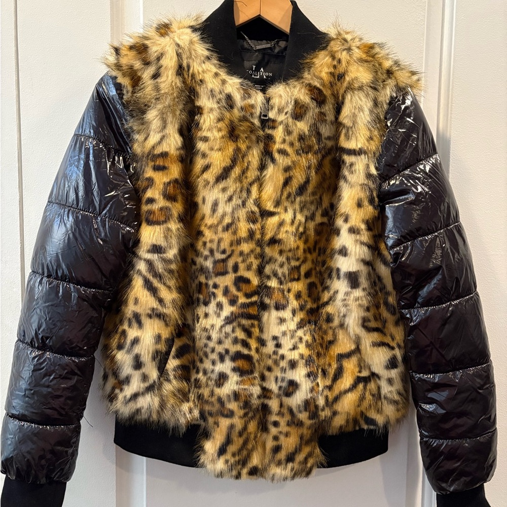 LA Coalitiob Leopard Print Faux Fur and Black Puffer Jacket size medium